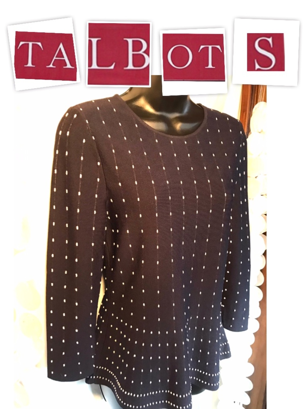Talbots Women’s Blouse Stretch Long Sleeve Navy Blue White Size Small